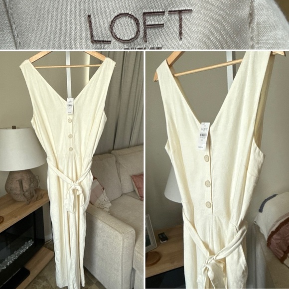 LOFT Pants - Loft Womens Ivory/Cream Sleeveless Belted Jumpsuit Size 10 NWT $89.99